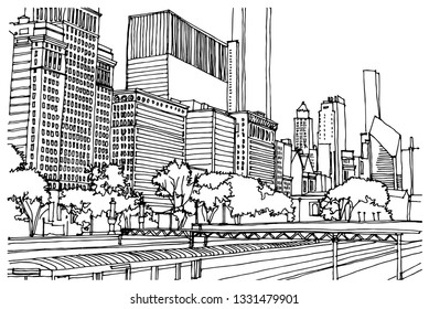 Big City Skyline Drawing Stock Vector (Royalty Free) 1018540477