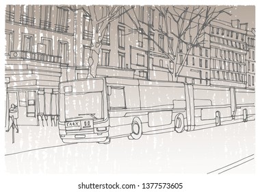 Scene street illustration. Hand drawn ink line sketch New York city, USA with buildings, windows, cityscape, people, cars  in outline style perspective view. Postcards design.