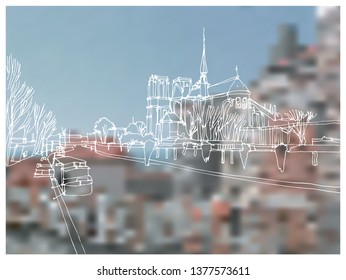 Scene street illustration. Hand drawn ink line sketch fragment of facade of notre dame de paris in Paris, France. Postcards design in outline style, perspective view.