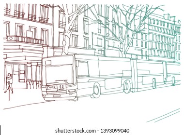 Scene street illustration. Hand drawn ink line sketch New York city, USA with buildings, windows, cityscape, people, cars  in outline style perspective view. Postcards design.
