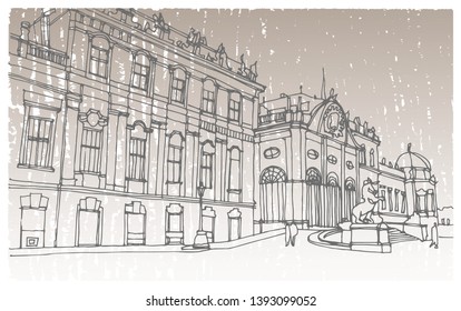 Scene street illustration. Hand drawn ink line sketch European old town Vienna , Austria  with buildings, roofs in outline style. Ink drawing of cityscape, perspective view. Travel postcard.