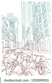 Scene street illustration. Hand drawn ink line sketch New York city, USA with buildings, windows, cityscape, people, cars  in outline style perspective view. Postcards design.