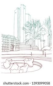 Scene street illustration. Hand drawn ink line sketch European old town Frankfurt , Germany  with buildings, roofs in outline style. Ink drawing of cityscape, perspective view. Travel postcard.