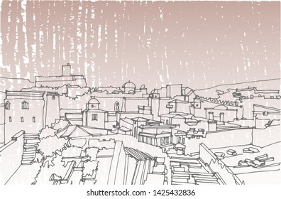 Scene street illustration. Hand drawn ink line sketch  old town Tbilisi, Georgia  with buildings, roofs, mountains in outline style. Ink drawing of cityscape, perspective view. Travel postcard.