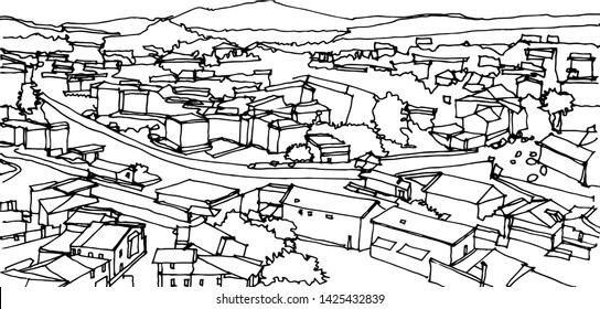 Scene street illustration. Hand drawn ink line sketch  old town Tbilisi, Georgia  with buildings, roofs, mountains in outline style. Ink drawing of cityscape, perspective view. Travel postcard.