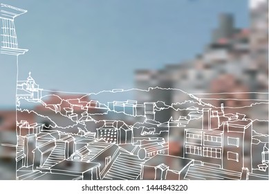 Scene street illustration. Hand drawn line sketch European old town Lisbon, Portugal, historical architecture  with buildings, roofs in outline style. Ink drawing, perspective view. Travel postcard.
