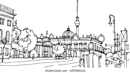 Scene Street Illustration. Hand Drawn Ink Line Sketch European Old Town Berlin, Germany  With Buildings, Roofs In Outline Style. Ink Drawing Of Cityscape, Perspective View. Travel Postcard.