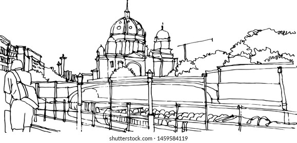 Scene street illustration. Hand drawn ink line sketch European old town Berlin, Germany with buildings, roofs in outline style. Ink drawing of cityscape, perspective view. Travel postcard.