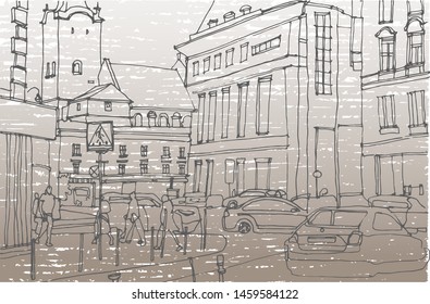 Scene street illustration. Hand drawn ink line sketch European old town, historical architecture with buildings, roofs in outline style. Ink drawing of cityscape, perspective view. Travel postcard.