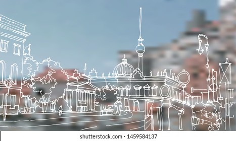 Scene Street Illustration. Hand Drawn Ink Line Sketch European Old Town Berlin, Germany With Buildings, Roofs In Outline Style. Ink Drawing Of Cityscape, Perspective View. Travel Postcard.