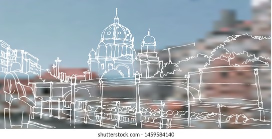 Scene street illustration. Hand drawn ink line sketch European old town Berlin, Germany with buildings, roofs in outline style. Ink drawing of cityscape, perspective view. Travel postcard.