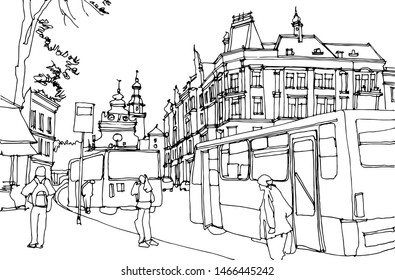 Scene street illustration. Hand drawn line sketch European old town Lisbon, Portugal, historical architecture  with buildings, roofs in outline style. Ink drawing, perspective view. Travel postcard.