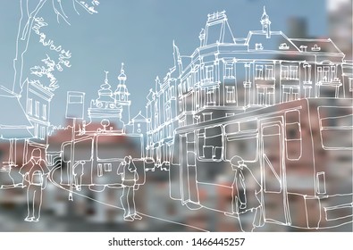 Scene street illustration. Hand drawn line sketch European old town Lisbon, Portugal, historical architecture  with buildings, roofs in outline style. Ink drawing, perspective view. Travel postcard.