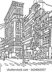  Scene street illustration. Hand drawn ink line sketch New York city, Brooklyn, Manhattan  with buildings, cityscape  in outline style perspective view. Postcards design.