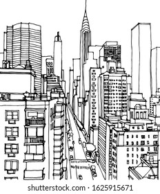 Scene street illustration. Hand drawn ink line sketch New York city, with buildings, windows, cityscape  in outline style perspective view. Postcards design.
