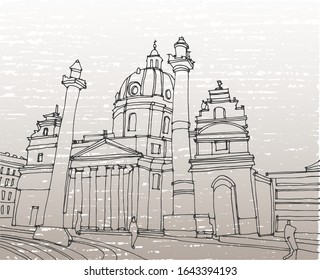 Scene street illustration. Hand drawn ink line sketch European old town Vienna , Austria  with buildings, roofs in outline style. Ink drawing of cityscape, perspective view. Travel postcard.