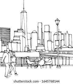 Scene street illustration. Hand drawn ink line sketch New York city, Manhatten with buildings, windows, cityscape  in outline style perspective view. Postcards design.