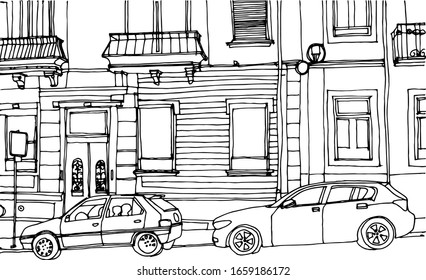 Scene street illustration. Hand drawn ink line sketch European old town, historical architecture with buildings, roofs in outline style. Ink drawing of cityscape, perspective view. Travel postcard.