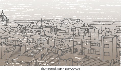 Scene street illustration. Hand drawn line sketch European old town Lisbon, Portugal, historical architecture  with buildings, roofs in outline style. Ink drawing, perspective view. Travel postcard.