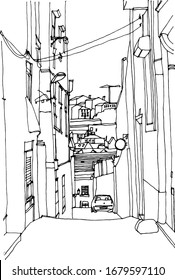 Scene street illustration. Hand drawn line sketch European old town Lisbon, Portugal, historical architecture  with buildings, roofs in outline style. Ink drawing, perspective view. Travel postcard.