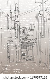Scene street illustration. Hand drawn line sketch European old town Lisbon, Portugal, historical architecture  with buildings, roofs in outline style. Ink drawing, perspective view. Travel postcard.
