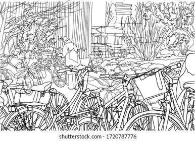 Scene street illustration. Hand drawn ink line sketch European old town Berlin , Germany  with buildings, bicycles, roofs in outline style. Ink drawing of cityscape, perspective view. Travel postcard.