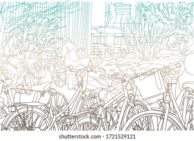 Scene street illustration. Hand drawn ink line sketch European old town Berlin , Germany  with buildings, bicycles, roofs in outline style. Ink drawing of cityscape, perspective view. Travel postcard.