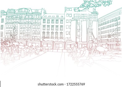 Imagen de escena en la calle. Dibujo de líneas de tinta dibujada a mano del casco antiguo europeo de Berlín , Alemania con edificios, personas, techos en estilo de diseño. Dibujo en tinta del paisaje urbano, vista de perspectiva. Postal de viaje.