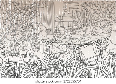 Scene street illustration. Hand drawn ink line sketch European old town Berlin , Germany  with buildings, bicycles, roofs in outline style. Ink drawing of cityscape, perspective view. Travel postcard.