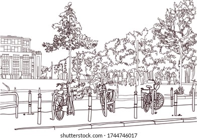 Scene street illustration. Hand drawn ink line sketch European old town Berlin , Germany  with buildings, bicycles, bike in outline style. Ink drawing of cityscape, perspective view. Travel postcard.