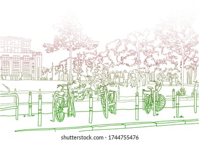 Scene street illustration. Hand drawn ink line sketch European old town Berlin , Germany  with buildings, bicycles, bike in outline style. Ink drawing of cityscape, perspective view. Travel postcard.