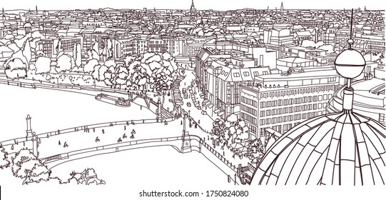 Scene street illustration. Hand drawn ink line sketch European city Berlin , Germany  with buildings, bridge, people in outline style. Ink drawing of cityscape, birds eye view. Travel postcard.