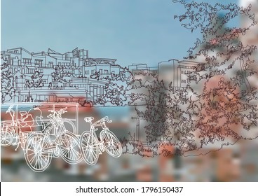 Scene street illustration. Hand drawn ink line sketch European city Berlin , Germany  with buildings, river, bicycle in outline style. Ink drawing of cityscape, birds eye view. Travel postcard.