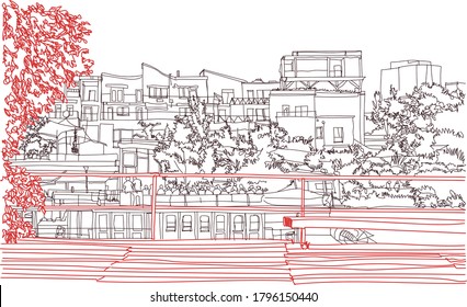 Scene street illustration. Hand drawn ink line sketch European city Berlin , Germany  with buildings, river, bicycle in outline style. Ink drawing of cityscape, birds eye view. Travel postcard.