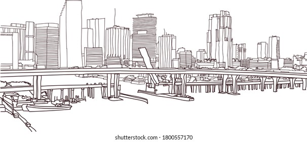 Scene street illustration. Hand drawn ink line sketch New York city, with buildings, canal,bridge, cityscape  in outline style panorama view. Postcards design.
