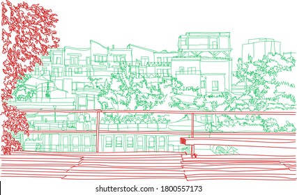 Scene street illustration. Hand drawn ink line sketch European city Berlin , Germany  with buildings, river, bicycle in outline style. Ink drawing of cityscape, birds eye view. Travel postcard.