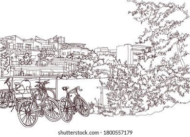 Scene street illustration. Hand drawn ink line sketch European city Berlin , Germany  with buildings, river, bicycle in outline style. Ink drawing of cityscape, birds eye view. Travel postcard.