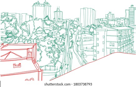 Scene street illustration. Hand drawn ink line sketch New York city, with buildings, windows, cityscape  in outline style perspective view. Postcards design.