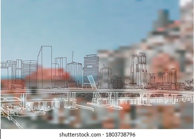 Scene street illustration. Hand drawn ink line sketch New York city, with buildings, canal,bridge, cityscape  in outline style panorama view. Postcards design.