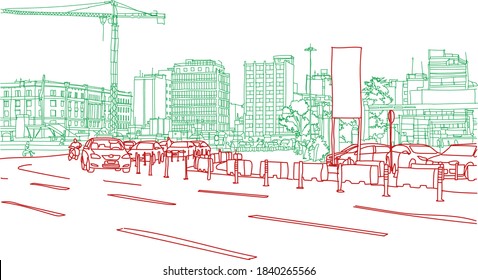 Scene street illustration. Hand drawn ink line sketch European old town Berlin , Germany  with buildings, bicycles, bike in outline style. Ink drawing of cityscape, perspective view. Travel postcard.