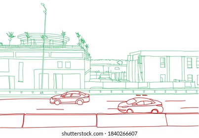 Scene street illustration. Hand drawn ink line sketch New York city, Brooklyn, Manhattan  with buildings, roofs, Williamsburg bridge, cityscape  in outline style perspective view. Postcards design.