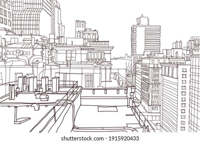 Scene street illustration. Hand drawn ink line sketch panorama New York city, Manhattan  with buildings,construction, streets in outline style perspective view. Postcards design.