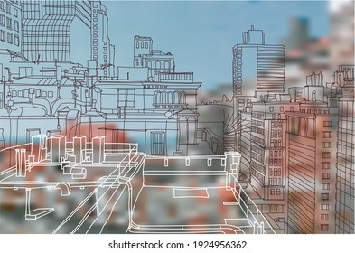 Scene street illustration. Hand drawn ink line sketch panorama New York city, Manhattan  with buildings,construction, streets in outline style perspective view. Postcards design.