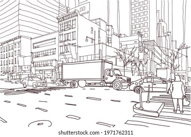 Scene street illustration. Hand drawn ink line sketch New York city, USA with buildings, windows, cityscape, people, cars in outline style perspective view. Postcards design.