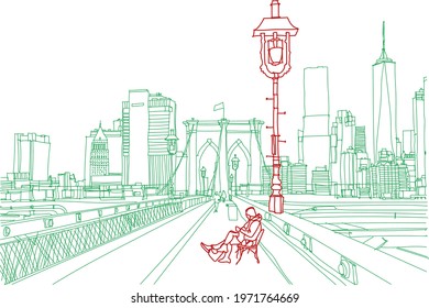 Scene street illustration. Hand drawn ink line sketch panorama New York city, Manhattan  with buildings,construction, bridge in outline style perspective view. Postcards design