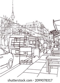 Scene street illustration. Hand drawn ink line sketch European old town Berlin , Germany  with buildings, cars, bike in outline style. Ink drawing of cityscape, perspective view. Travel postcard.