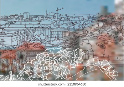 Scene street illustration. Hand drawn ink line sketch European city Berlin , Germany  with buildings, bridge, people in outline style. Ink drawing of cityscape, birds eye view. Travel postcard.