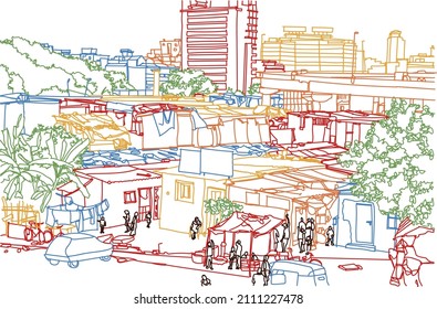 Ilustración de escena callejera. Dibujo manual de colorido boceto de la línea de tinta de los barrios pobres de Mumbai, India. Diseño de postales en forma de contorno, vista de perspectiva. Pobreza de las favelas