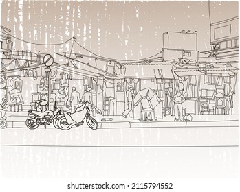 Scene street  illustration. Hand drawn ink line sketch of Mumbai slums, India. Postcards design in outline style, perspective view. Poverty of favelas