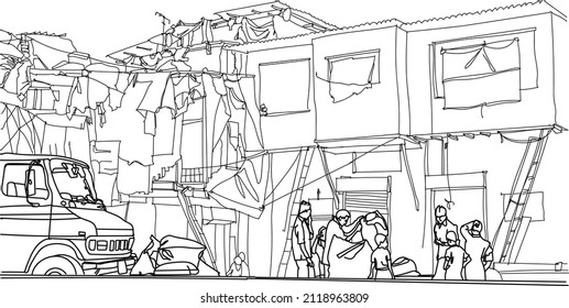 Scene street  illustration. Hand drawn ink line sketch of Mumbai slums, India. Postcards design in outline style, perspective view. Poverty of favelas